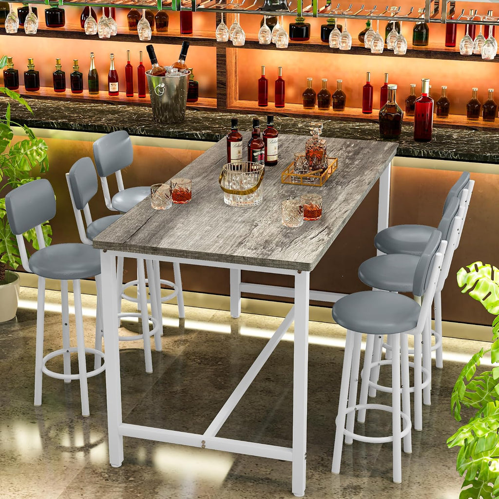 7-Piece Dining Table Set for 6, 50" Wood High-Dining Bistro Set with 6 Backrest Cushion Stools, Saving Space Pub and Chairs Sets for Bar, Kitchen, Gray