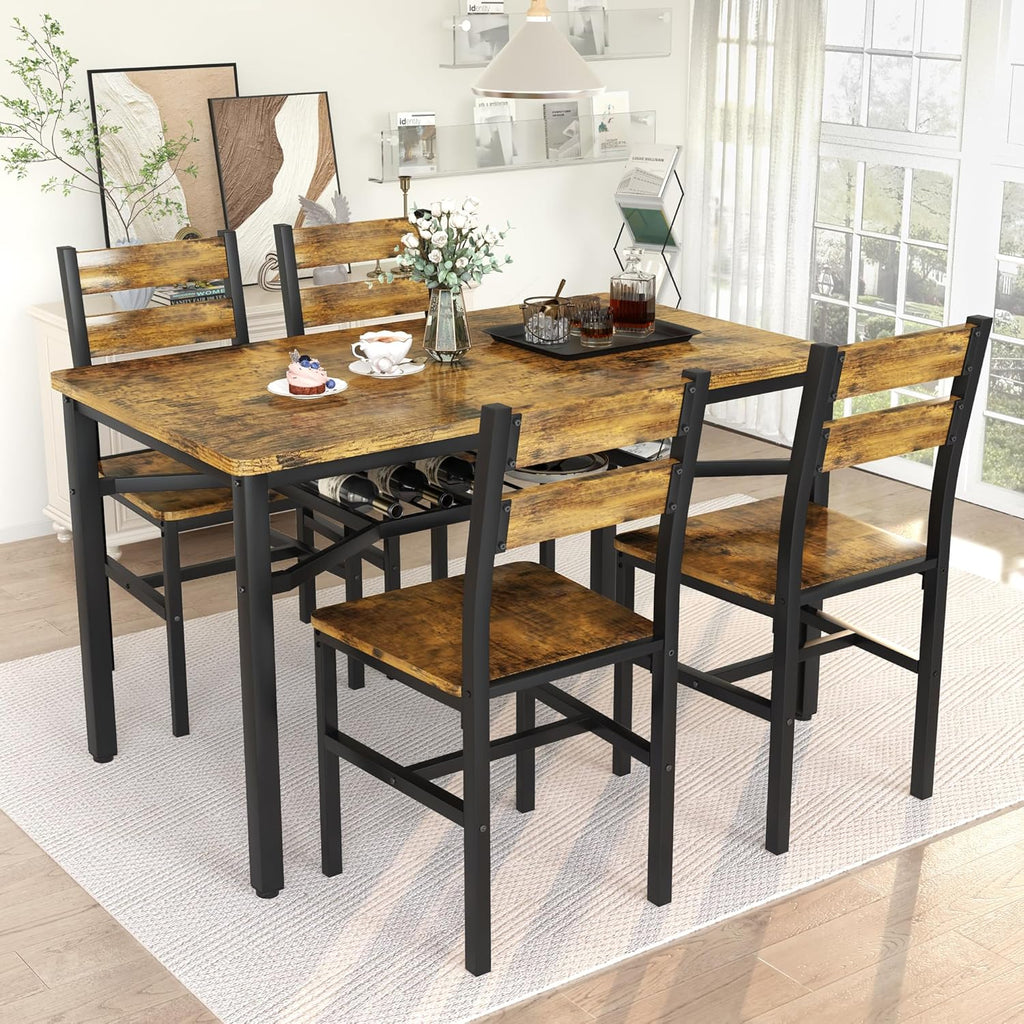 MOOSENG 5-Piece Dining Table Set with Wine Rack, Wood Kitchen Table and Set of 4 Chairs, Space-Saving Farmhouse Dinette Set for Breakfast Nook, Apartment Brown