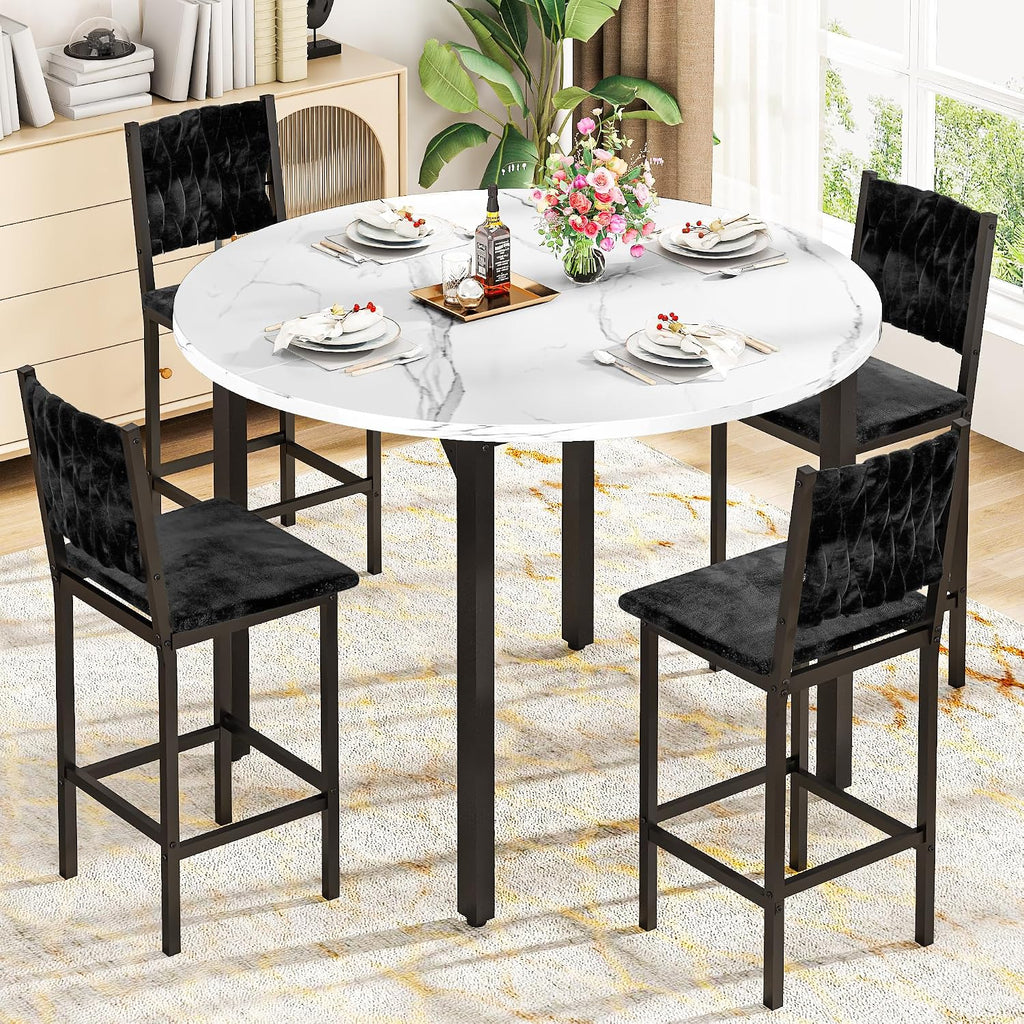 MOOSENG 5 Piece Round Dining Table Set for 4, Counter Height Dining Set with 4 Velvet Upholstered Chairs, Modern Kitchen Table Set, Round Dining Table & Chair for Small Spaces