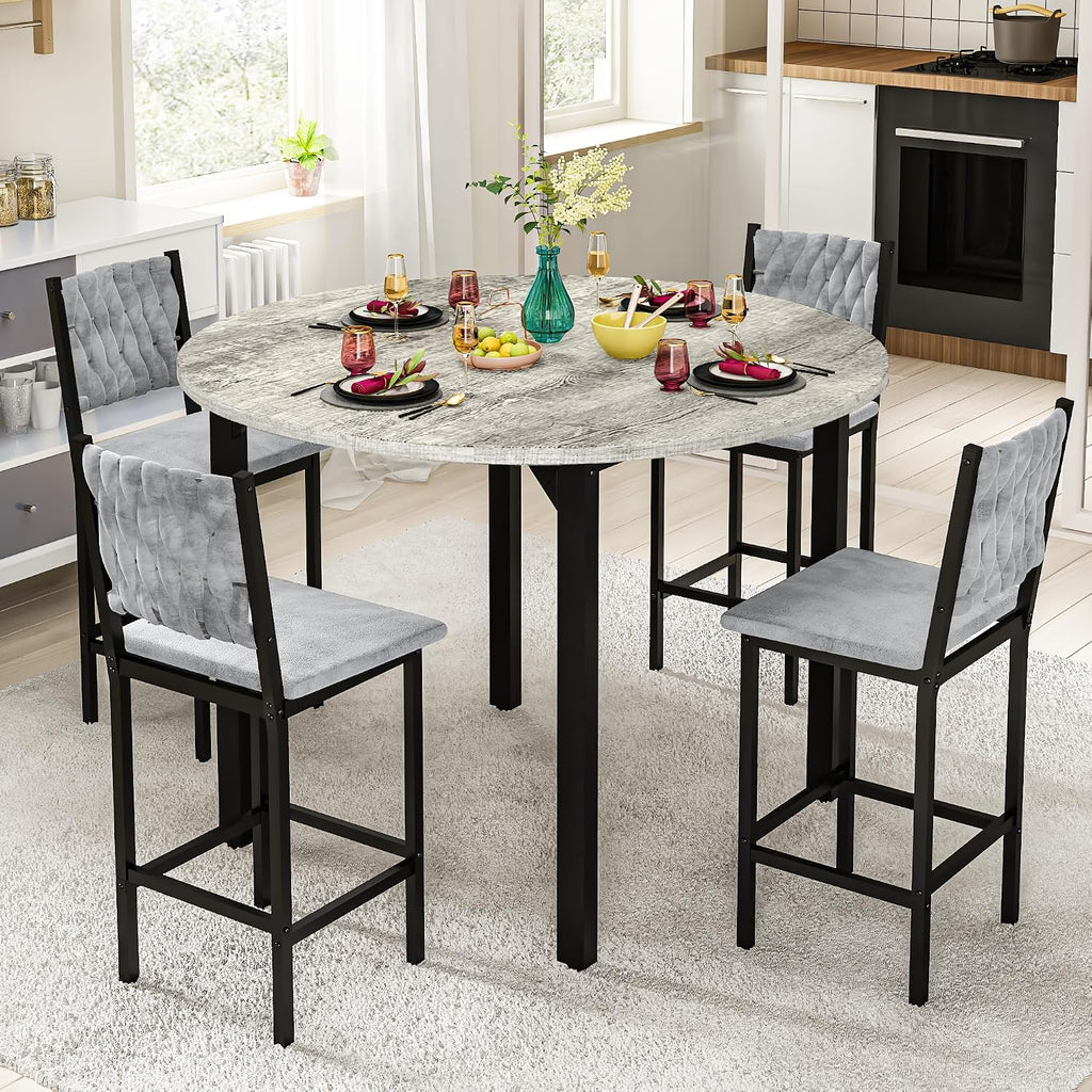 MOOSENG 5 Piece Round Dining Table Set for 4, Counter Height Dining Set with 4 Velvet Upholstered Chairs, Modern Kitchen Table Set, Round Dining Table & Chair for Small Spaces