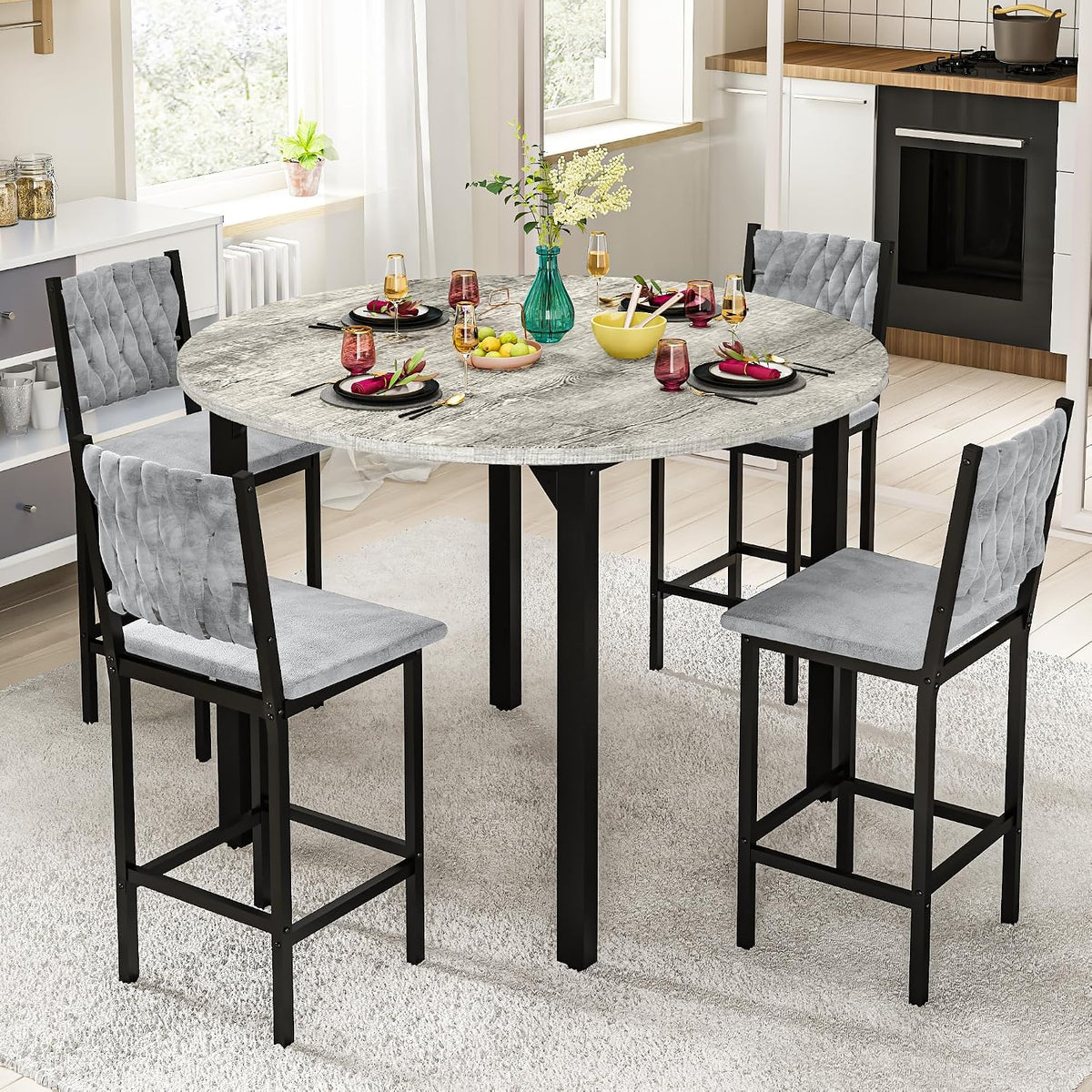 MOOSENG 5 Piece Round Dining Table Set for 4, Counter Height Dining Set with 4 Velvet Upholstered Chairs, Modern Kitchen Table Set, Round Dining Table & Chair for Small Spaces