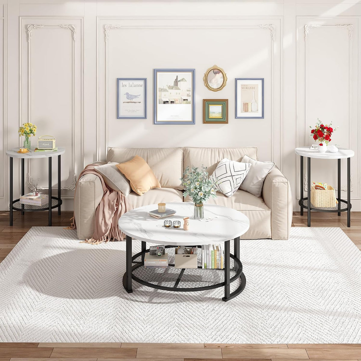 MOOSENG Coffee Table Set of 3, Industrial Vintage Wood Coffee Table with 2 Square End Side Tables, Easy Assembly Living Room Table Set for Offices, Living Rooms and Apartments