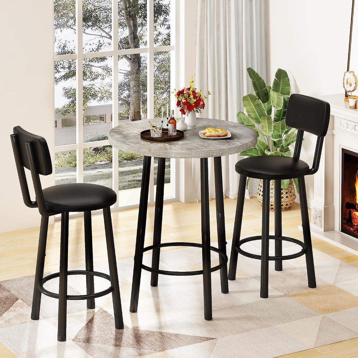 MOOSENG 3 Piece Counter Height Dining Table Set for 2, Bar Table Set of 2 Bistro Kitchen Table Sets with 2 PU Leather Bar Stools, Bar Table Set for Breakfast Nook Small Space