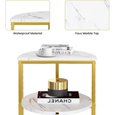 LinkRomat Faux Marble End Tables Set of 2, 3-Tier Small Side Table, Round Coffee Table with Metal Legs, End Table for Living Room, White & Gold