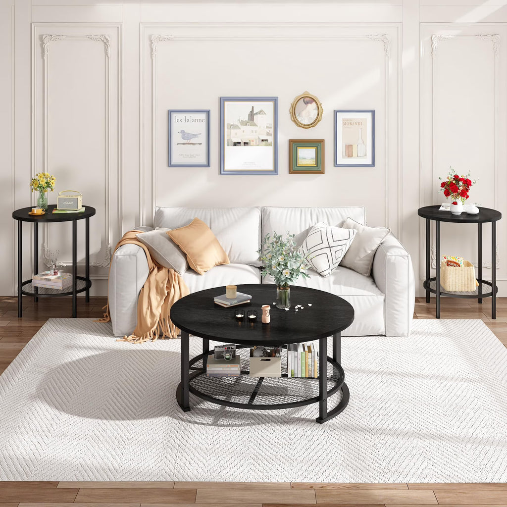 MOOSENG Coffee Table Set of 3, Industrial Vintage Wood Coffee Table with 2 Square End Side Tables, Easy Assembly Living Room Table Set for Offices, Living Rooms and Apartments