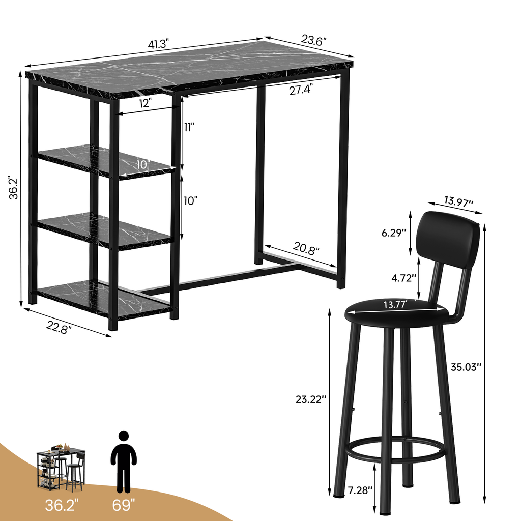 LinkRomat Dining Table Set for 2,3 Piece Pub Table and Chairs Set with Storage Shelves, Small Space Bistro Kitchen & Bar Tables, Counter Height Dining Set