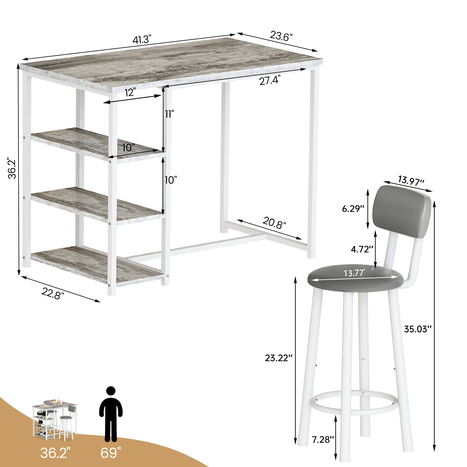 LinkRomat Dining Table Set for 2,3 Piece Pub Table and Chairs Set with Storage Shelves, Small Space Bistro Kitchen & Bar Tables, Counter Height Dining Set