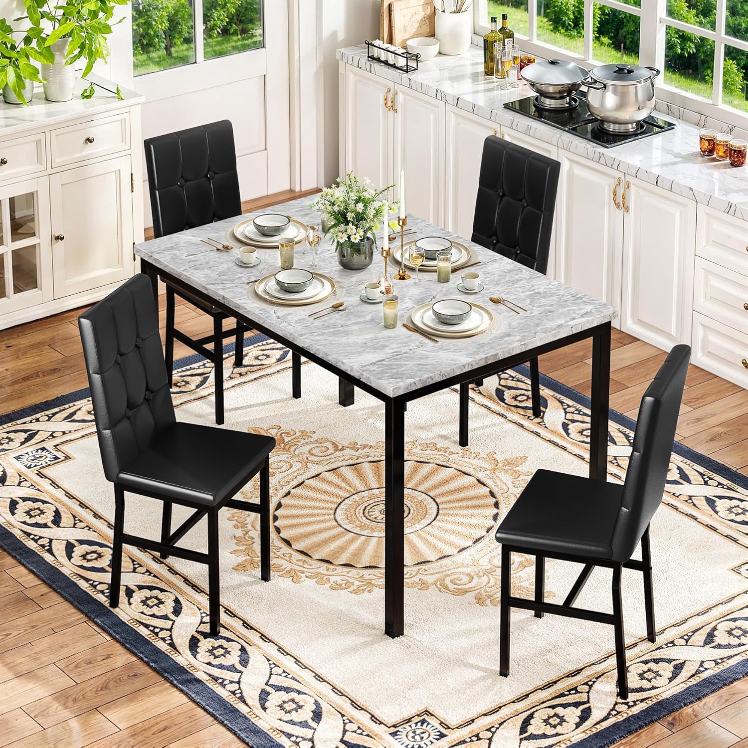 LinkRomat Modern Dining Table Set, Grey Faux Marble Rectangular Table Set and 4 Black PU Cushion Chairs, Dining Room Home Furniture for Small Space