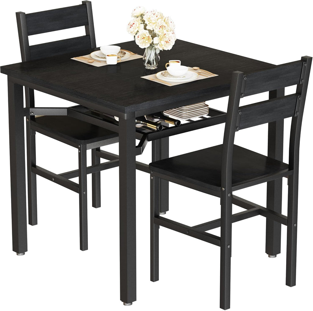 LinkRomat Small Dining Table for 2, Wooden Dinner Table with Storage, 3 Piece Farmhouse Square Dinette Set for Dining Room, Apartment, Small Space