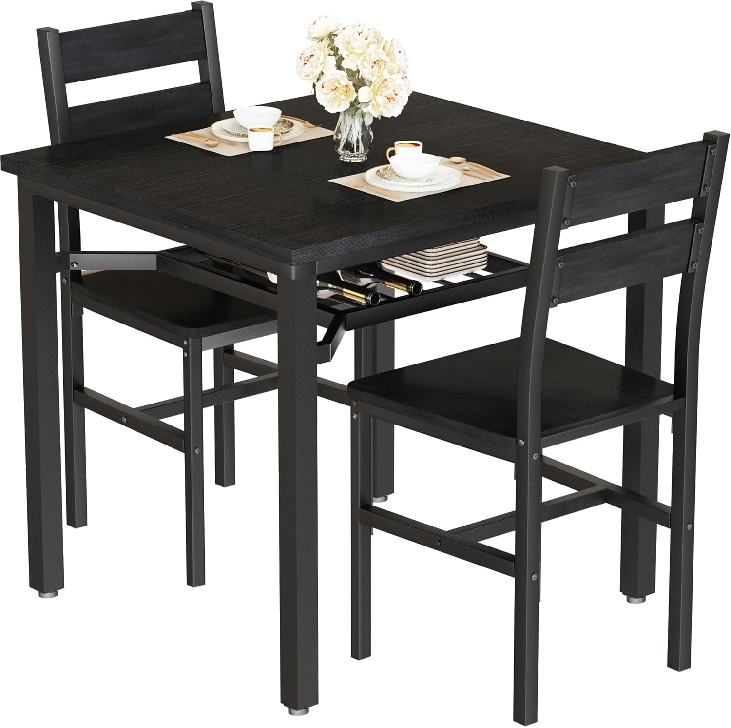 LinkRomat Small Dining Table for 2, Wooden Dinner Table with Storage, 3 Piece Farmhouse Square Dinette Set for Dining Room, Apartment, Small Space