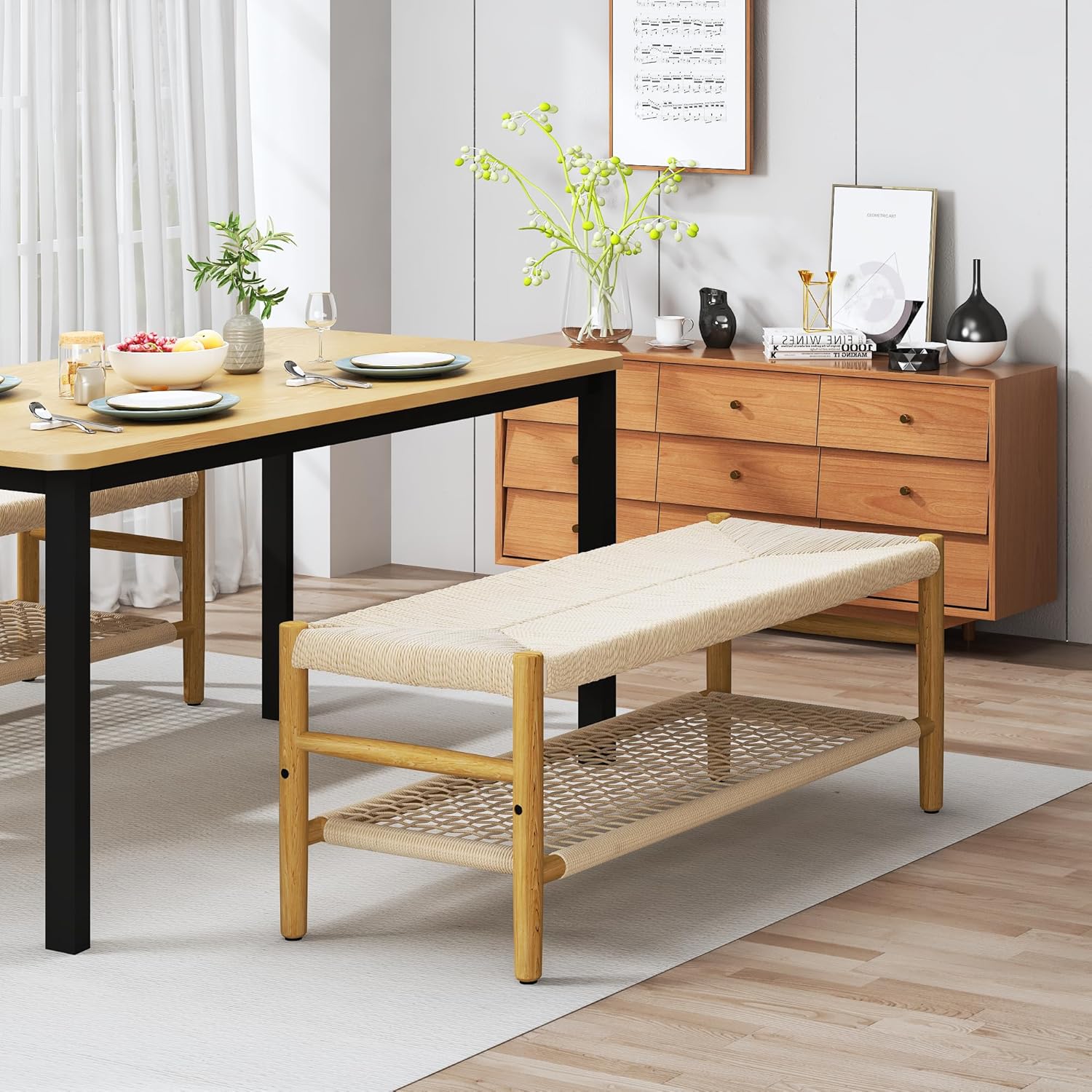 LinkRomat Wicker Bench Indoor Entryway Bench with Paper Cord Ottoman & Grid Storage Rack, Mid-Century Long Chair with Wood Legs for Room Channel