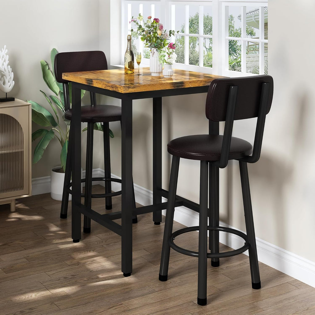 3 Piece Pub Dining Set, 24" Dining Table Set with 2 PU Leather Upholstered Stools, Square Small Space Kitchen Table Pub Set for Apartment Dining Room, Living Room