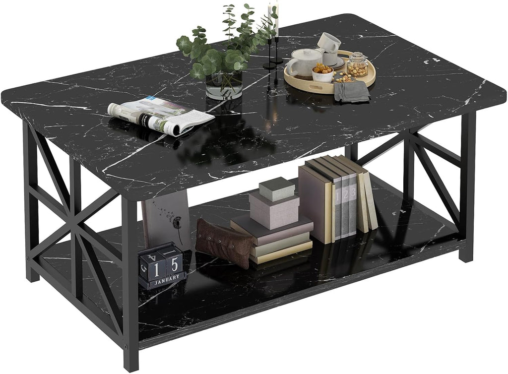 LinkRomat Rectangular Coffee Table with Storage Shelf, 2-Tier Center Table with Rounded Corners for Living Room, Small Spaces, Easy Assembly, Black