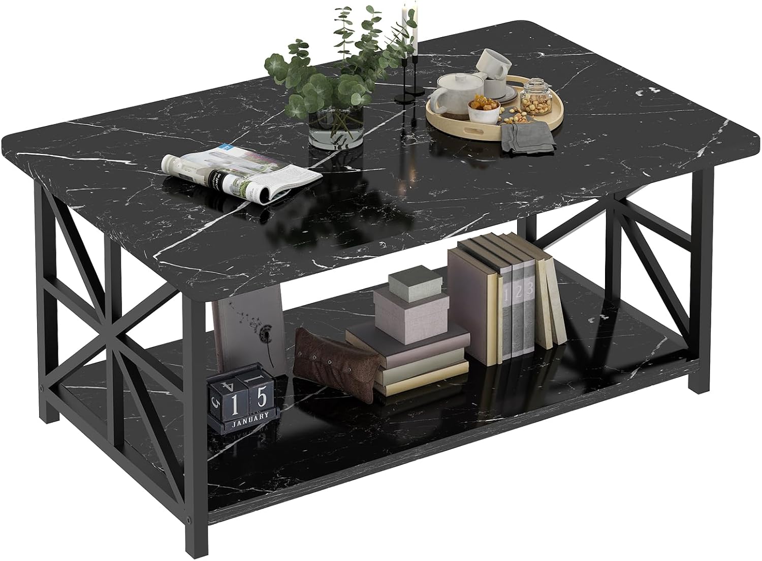 LinkRomat Rectangular Coffee Table with Storage Shelf, 2-Tier Center Table with Rounded Corners for Living Room, Small Spaces, Easy Assembly, Black