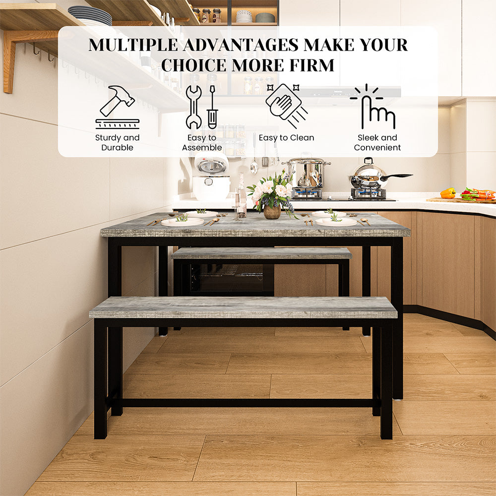 LinkRomat 3 Piece Dining Room Table Set for 4, 47" Farmhouse Dining Table with Benches, Rectangular Kitchen Sets for Small Space, Apartment, Restaurant, Grey & Black