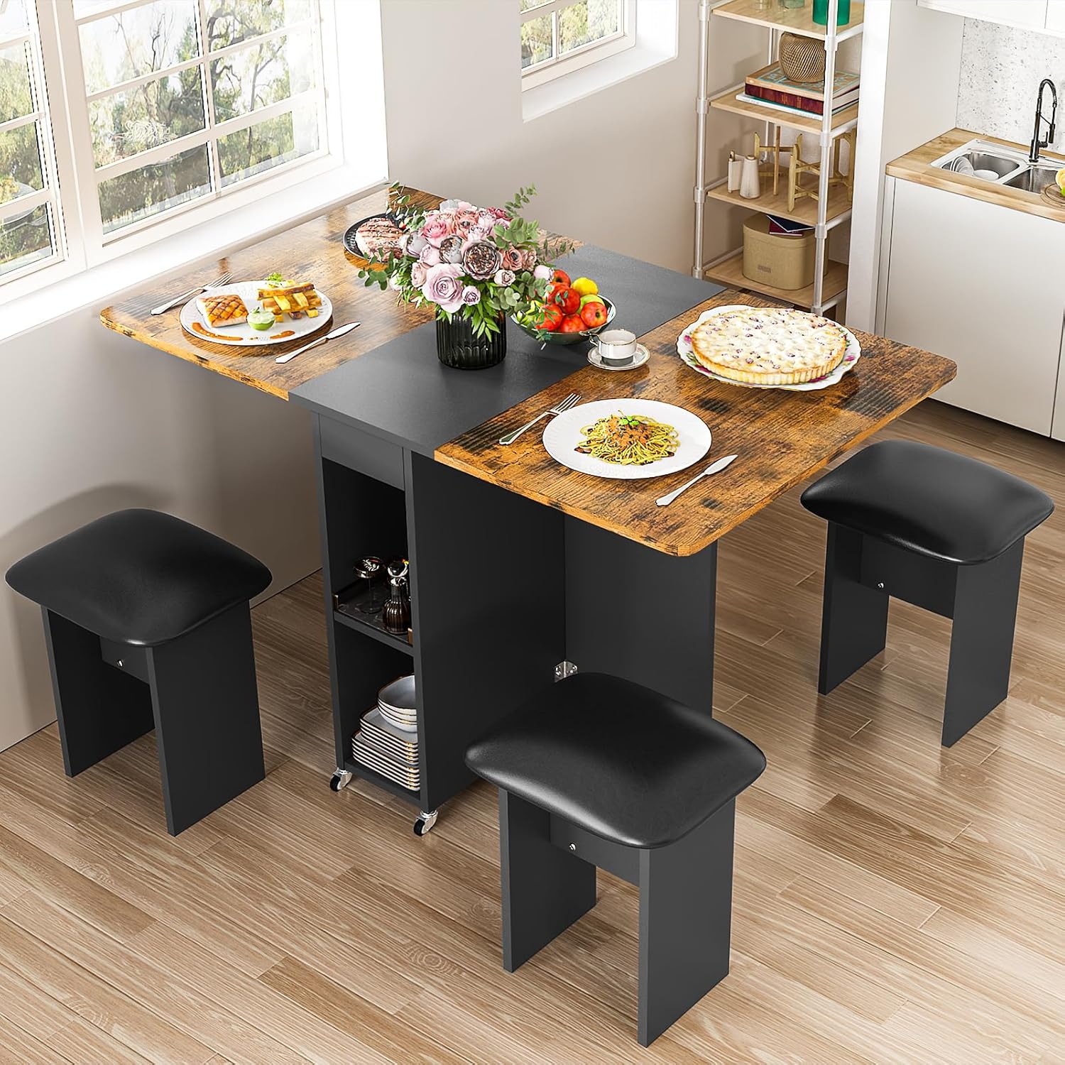 LinkRomat Folding Dining Table Set for 4, Kitchen Table with Shelves & 4 Leather Chairs, Space Saving Foldable Dining Table with 6 Wheel (Grey)
