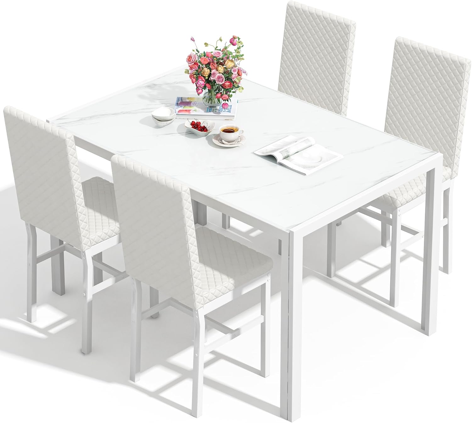 LinkRomat Dining Table Set for 4, Glass Table & PU Leather Chairs, Kitchen Tabletop and Chairs Set for Small Space, Apartment, Home Furniture, White