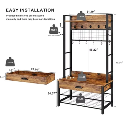 LinkRomat 5-in-1 Hall Tree with Bench, Entryway Coat Rack with 12 Hooks, Industrial Shoe Storage Shelf & Drawer, Anti-Tip Freestanding Mudroom Organizer