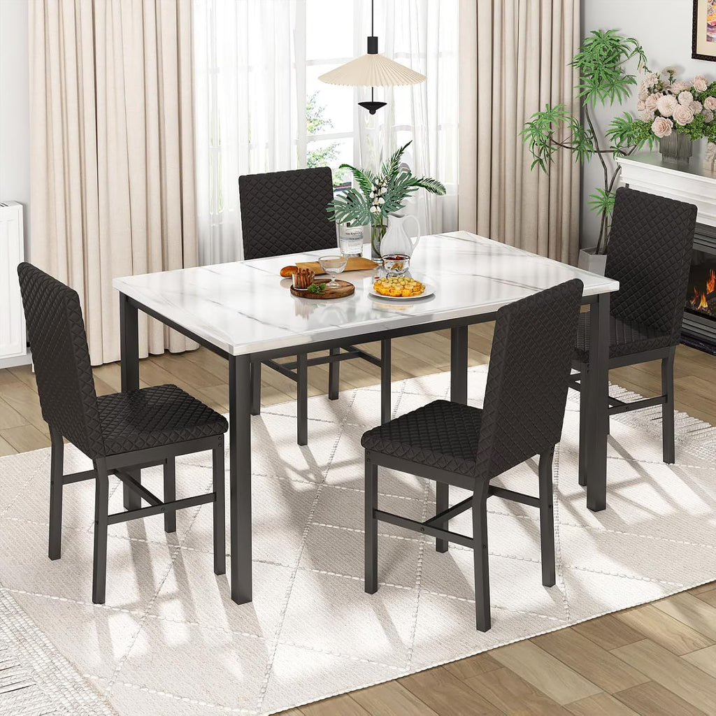 MOOSENG Small Dining Table Set for 4, 5 Pieces Dining Room Sets with Faux Marble Table & Velvet Chairs, Modern Kitchen Table Set with Chair for 4