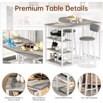 Cvortll Dining Table Set for 2, Marble Counter Height Pub Table with 2 PU Leather Backrest Stools & 3 Storage Shelves, Bar and Chairs Set for Small Space Dining Room, Kitchen, Bar (Grey)