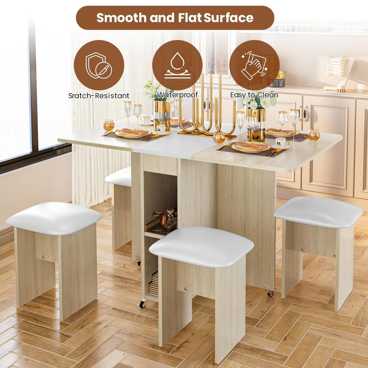 MOOSENG Folding Dining Table Set for 4, Dinner Table with 4 Leather Chairs and Shelves, Space Saving Foldable Dining Table with 6 Wheels, Kitchen Table Set for Small Spaces