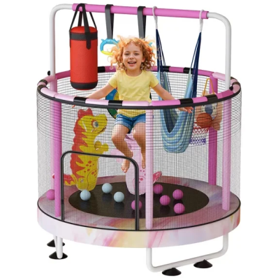 LinkRomat Round Trampoline for Kids, Indoor & Outdoor Toddler Trampoline with Enclosure, Adjustable Height Handrail & Durable Designs for Boys & Girls, 500lbs Capacity, 7-in-1, 55"