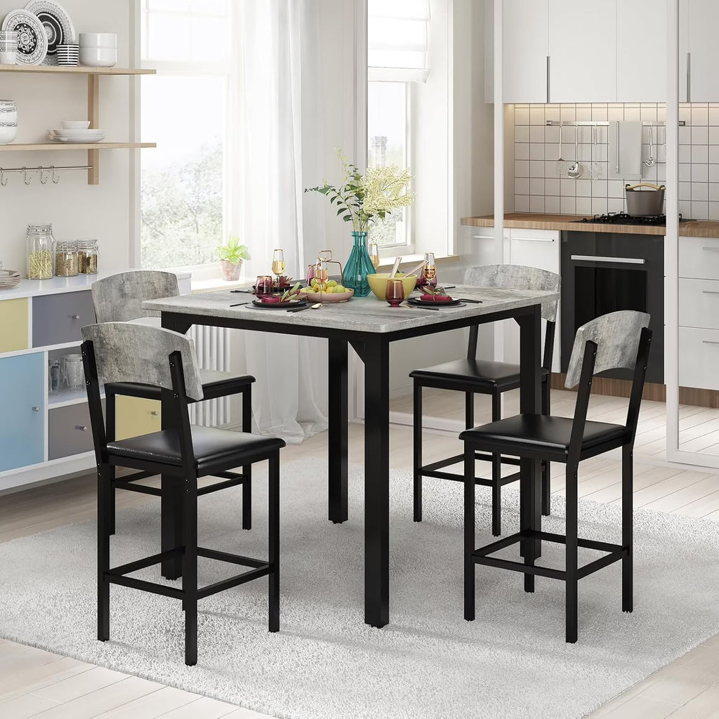 MOOSENG 5-Piece Counter Height Dining Table Set, Square Kitchen Table Set for 4 & 4 Velvet Bar Stools, Modern High Top Compact Dining Set Table for Small Spaces