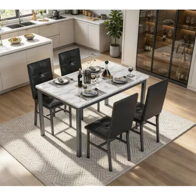 LinkRomat Dining Table Set for 4, Modern Faux Marble Tabletop and 4 PU Leather Upholstered Chairs, Kitchen Table and Chairs for Dining Room Breakfast Nook, White