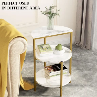 Cvortll Coffee Table Set of 3, Rectangle Faux Marble Tabletop & 2 Tiered Side Tables, Multi-Level Storage for Living Room（White & Golden）