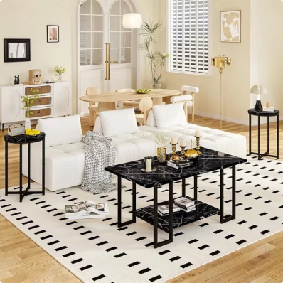 LinkRomat 3-Pieces Living Room Table Sets, Modern Faux Marble Coffee Table with 2 Round End Side Tables, Compact Space Coffee Table Sets for Apartment Home Office