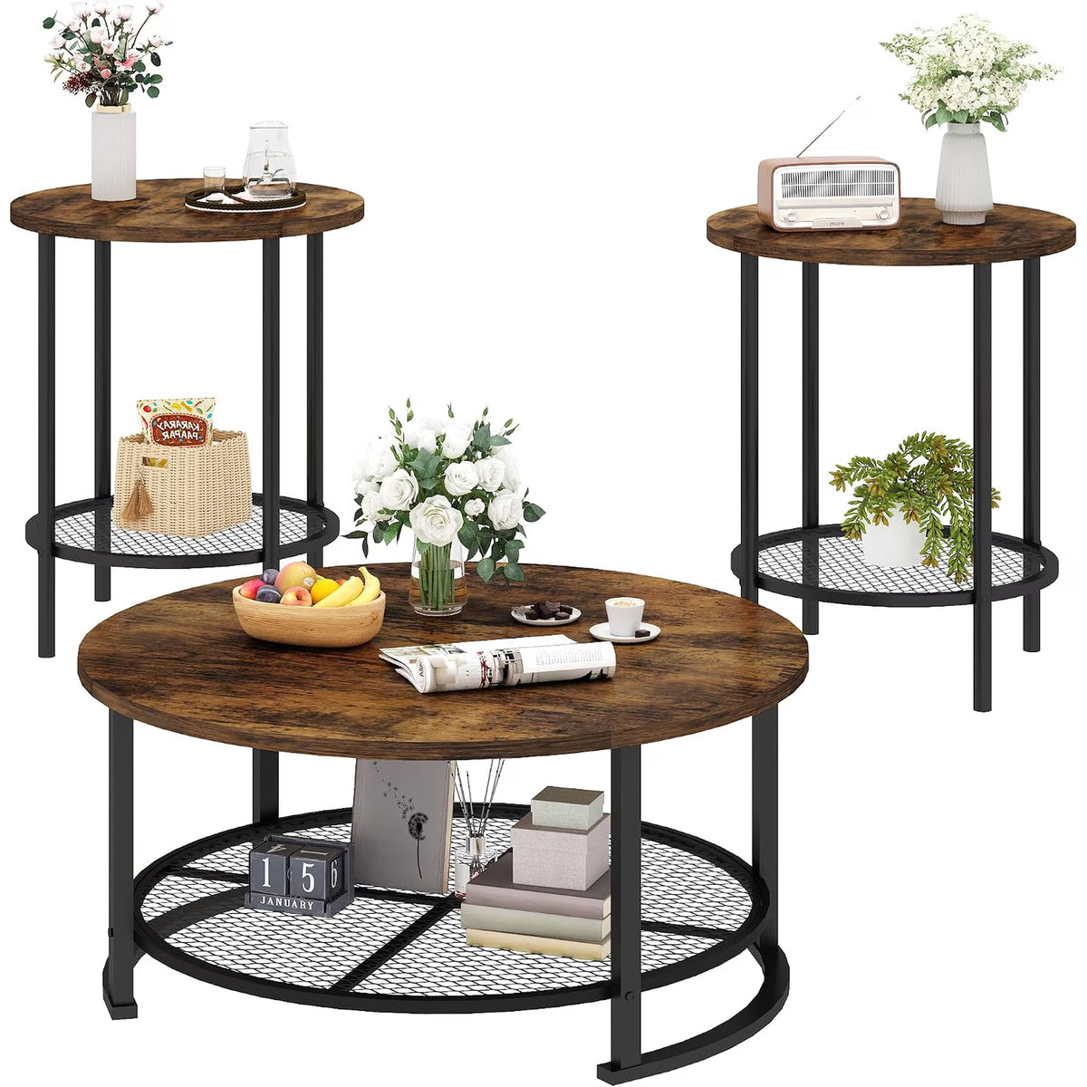 MOOSENG Coffee Table Set of 3, Industrial Vintage Wood Coffee Table with 2 Square End Side Tables, Easy Assembly Living Room Table Set for Offices, Living Rooms and Apartments