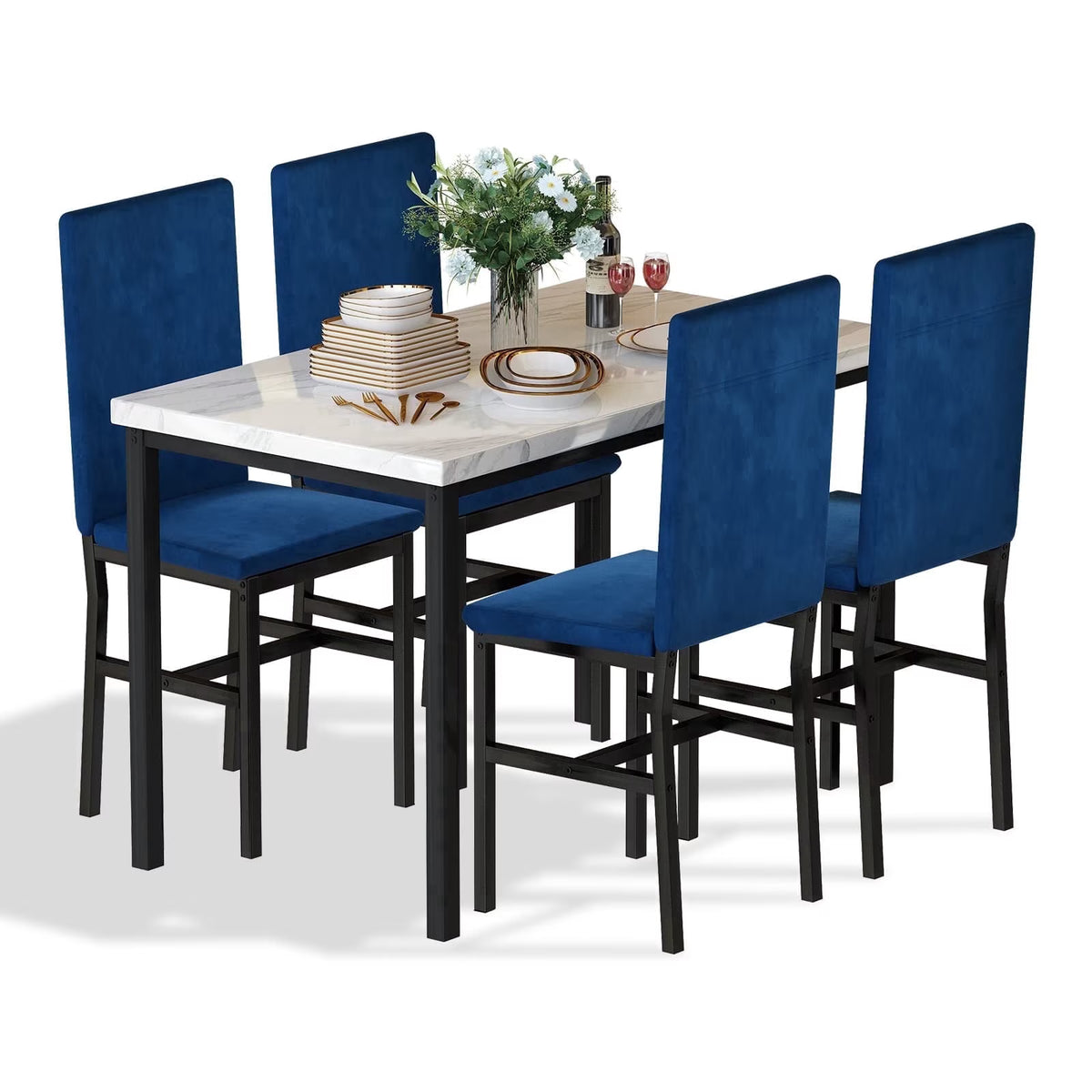 MOOSENG Small Dining Table Set for 4, 5 Pieces Dining Room Sets with Faux Marble Table & Velvet Chairs, Modern Kitchen Table Set with Chair for 4