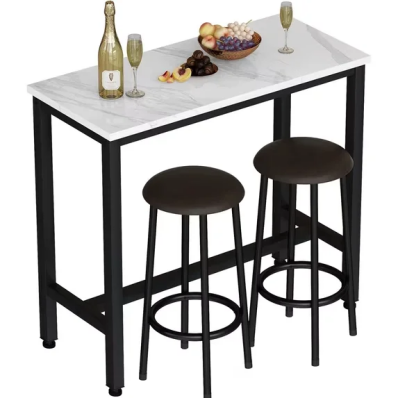 LinkRomat 47.2" Bar Table Set for 2,Faux Marble Pub Height Table with 2 Upholstered Stools,Compact Dining Table Set for Living Room,Kitchen,Bar,White & Brown