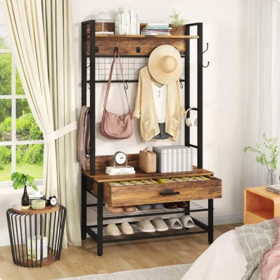 LinkRomat 5-in-1 Hall Tree with Bench, Entryway Coat Rack with 12 Hooks, Industrial Shoe Storage Shelf & Drawer, Anti-Tip Freestanding Mudroom Organizer