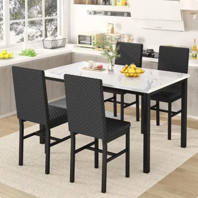 LinkRomat 5 Pieces Dining Table Set for 4, Small Dining Room Sets with Faux Marble Table & Velvet Chairs, Kitchen Table Set with Chair for 4, Gray