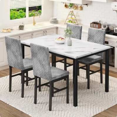 LinkRomat 5 Pieces Dining Table Set for 4, Small Dining Room Sets with Faux Marble Table & Velvet Chairs, Kitchen Table Set with Chair for 4, Gray