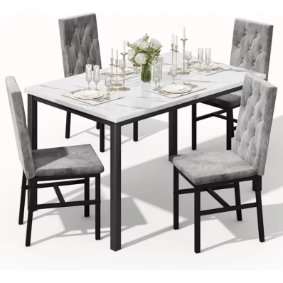 LinkRomat Dining Table Set for 4, Faux Marble Kitchen Table and Chairs, 5 Piece Small Dining Room Set with Button Tufted Upholstered Chairs, White
