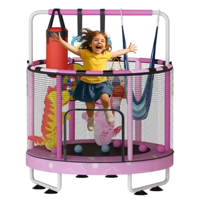 LinkRomat Round Trampoline for Kids, Indoor & Outdoor Toddler Trampoline with Enclosure, Adjustable Height Handrail & Durable Designs for Boys & Girls, 500lbs Capacity, 7-in-1, 55"