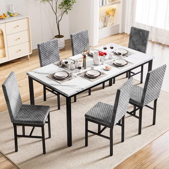 Cvortll Modern 7 Piece Dining Room Sets for 6, Faux Marble Dining Room Sets, Velvet Chairs, Dining Room, Apartment, Gray
