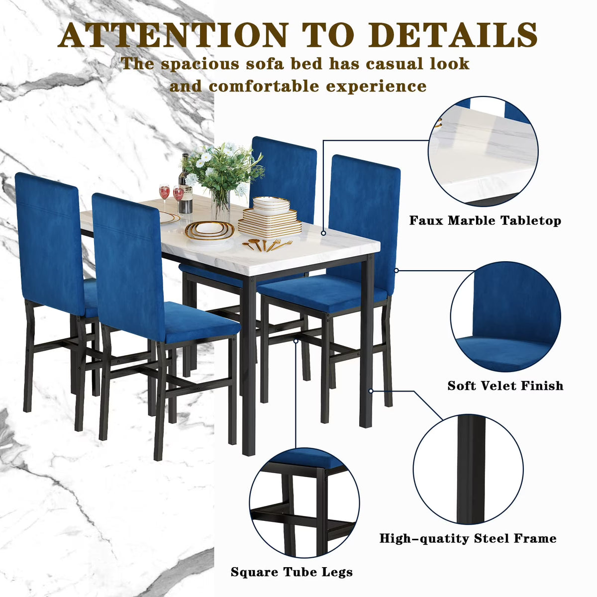 MOOSENG Small Dining Table Set for 4, 5 Pieces Dining Room Sets with Faux Marble Table & Velvet Chairs, Modern Kitchen Table Set with Chair for 4