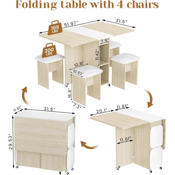 Cvortll 4-Person Folding Dining Table Set, with 4 Leather Chairs, 6 Wheels & Open Shelf, Space Saving for Small Kitchens, Beige