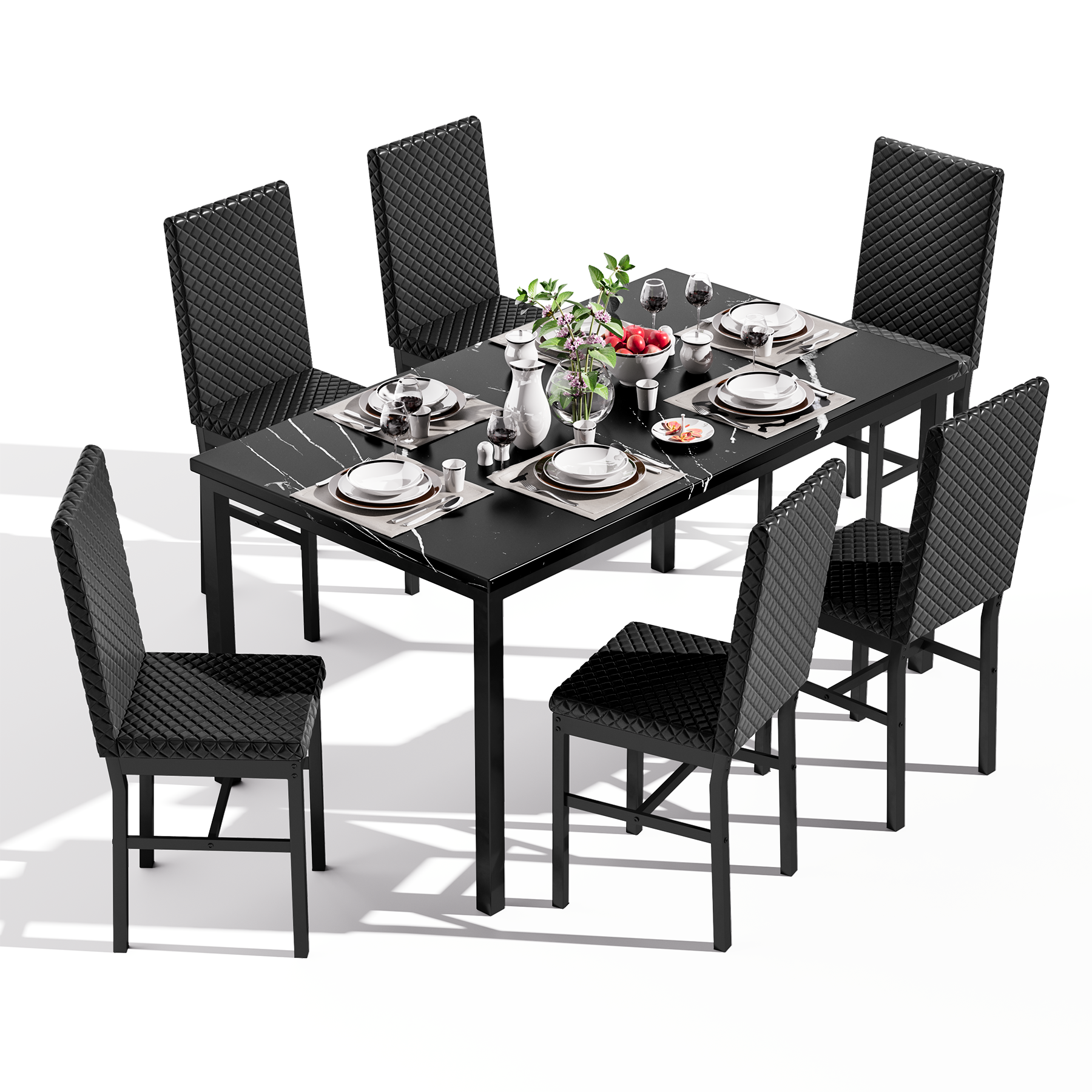 LinkRomat Modern 7 Piece Dining Room Sets for 6, Table Dining Set for 6, Faux Marble Kitchen Table PU Leather Chair for Apartment, Dining Room
