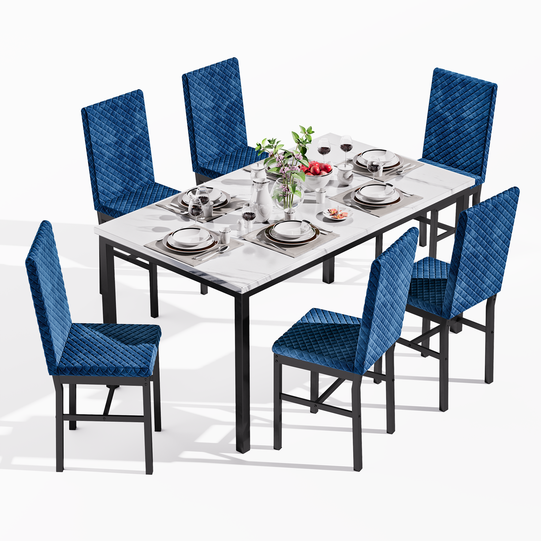 LinkRomat Modern 7 Piece Dining Room Sets for 6, Table Dining Set for 6, Faux Marble Kitchen Table PU Leather Chair for Apartment, Dining Room