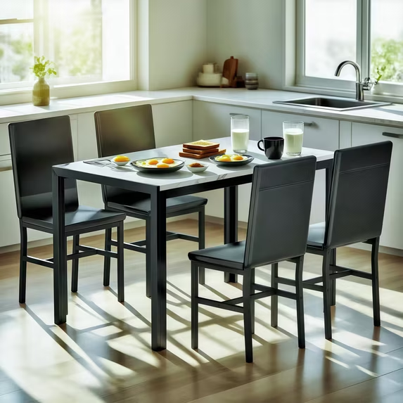 Cvortll Dining Table Set for 4, Modern Faux Marble Kitchen Table Set with 4 Leather Upholstered Chairs, 5-Piece Dinette for Dining Room, Nooks