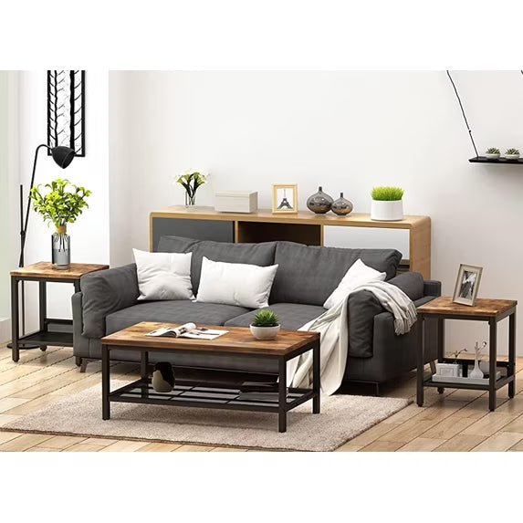 MOOSENG Coffee Table Set of 3, Industrial Vintage Wood Coffee Table with 2 Square End Side Tables, Easy Assembly Living Room Table Set for Offices, Living Rooms and Apartments