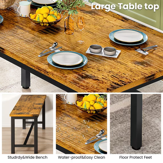 Cvortll Farmhouse Dining Table Set for 4, Small Kitchen Table Set with 2 Benches for Apartment Dining Room, Brown