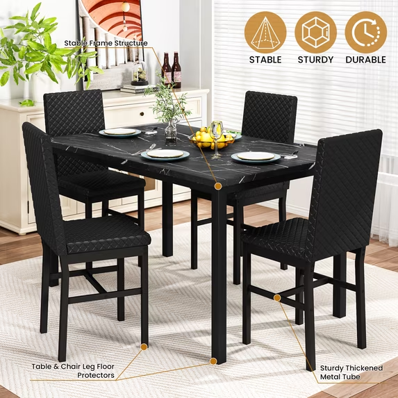 Cvortll Dining Table Set for 4,Faux Marble Kitchen Table with Velvet Upholstered Chairs,Small Dining Room Sets for Small Space Apartment Home,Black