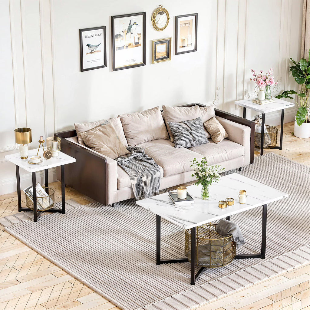MOOSENG Coffee Table Set of 3, Industrial Vintage Wood Coffee Table with 2 Square End Side Tables, Easy Assembly Living Room Table Set for Offices, Living Rooms and Apartments
