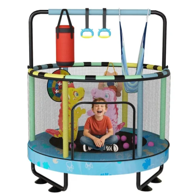 LinkRomat Round Trampoline for Kids, Indoor & Outdoor Toddler Trampoline with Enclosure, Adjustable Height Handrail & Durable Designs for Boys & Girls, 500lbs Capacity, 7-in-1, 55"
