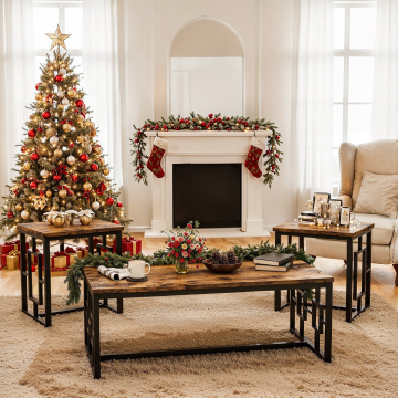 Recaceik Square Hollow 3 Piece Living Room Wooden Coffee Table Set, Two End Slides Rustic Brown